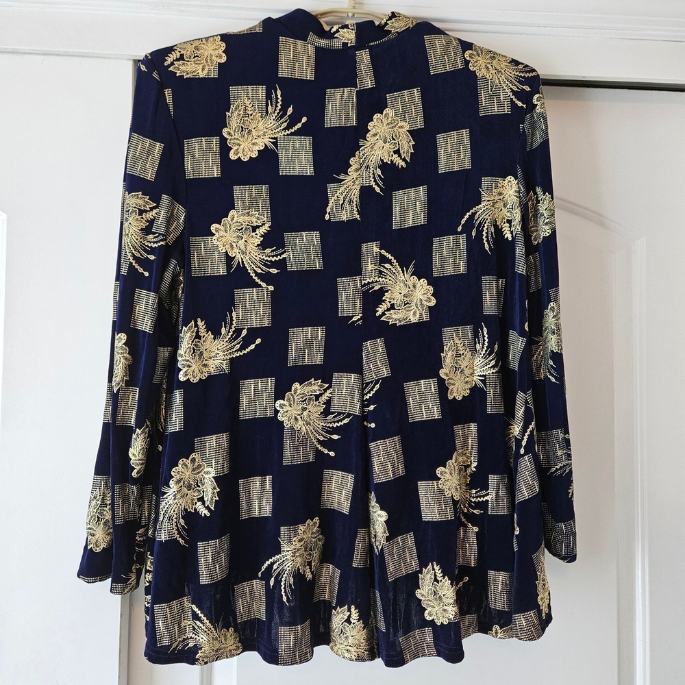 R&M Richards Open Front Cardigan Size Large Navy Gold Floral Metallic - Picture 2 of 7